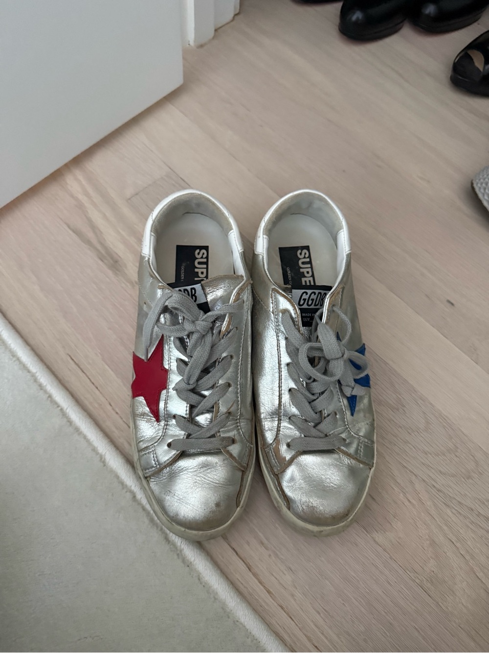 Golden Goose Metallic Silver Sneakers with Red & Blue Stars